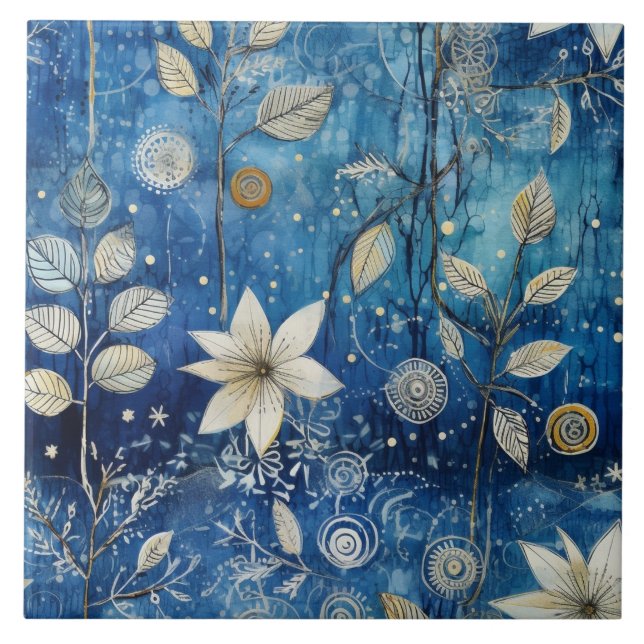 Elegant Indigo Blå Vinter Botanisk Kakelplatta (Framsidan)