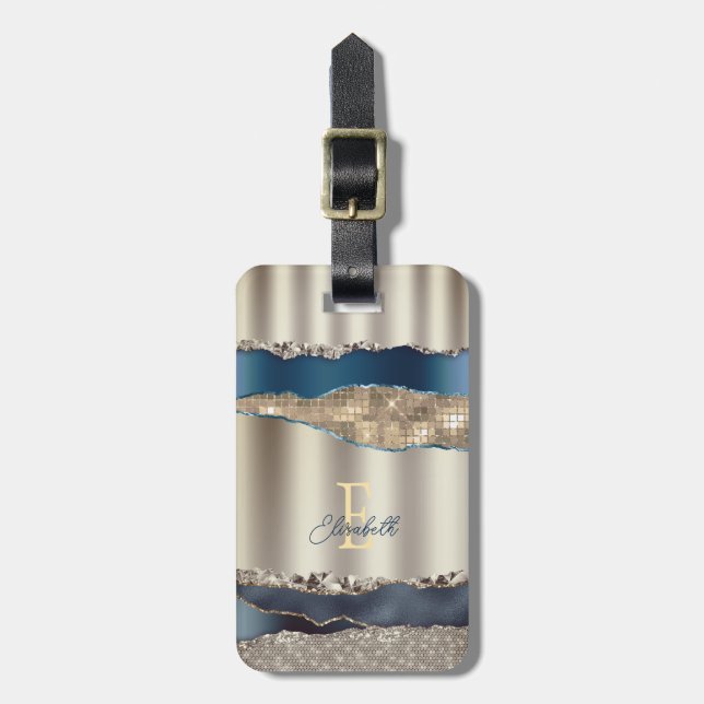 Elegant Indigo Blue Agate Sequins Bagagebricka (Vertikal Framsida)