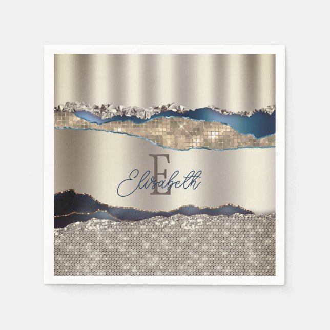 Elegant Indigo Blue Agate Sequins Pappersservett (Framsidan)