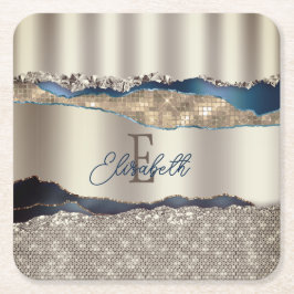 Elegant Indigo Blue Agate Sequins Underlägg Papper Kvadrat