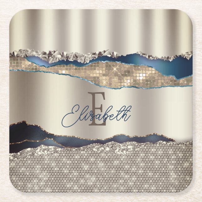 Elegant Indigo Blue Agate Sequins Underlägg Papper Kvadrat (Framsidan)