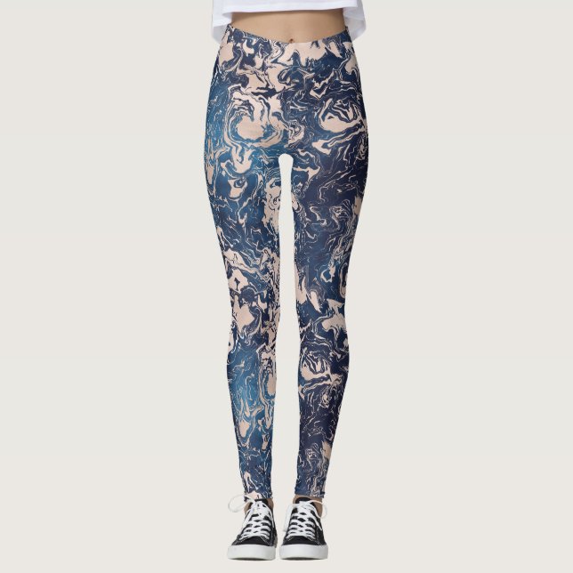 Elegant Indigo Blue Rosa Cream Marble Mönster Yoga Leggings (Framsida)