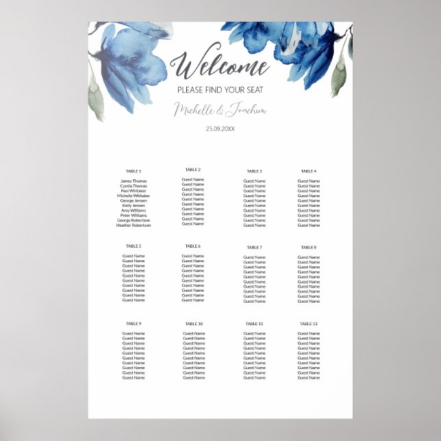 Elegant Indigo Boho Blå Akvarell Gästlista Poster (Framsidan)