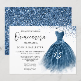 Elegant Indigo Glitter Gown Quinceanera Party Inbjudningar