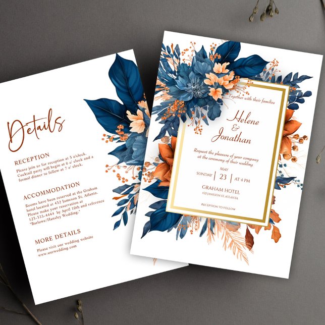 Elegant Indigo Rust allt på en Bröllop Inbjudningar (Elegant Indigo Rust All In One Wedding Invitation)