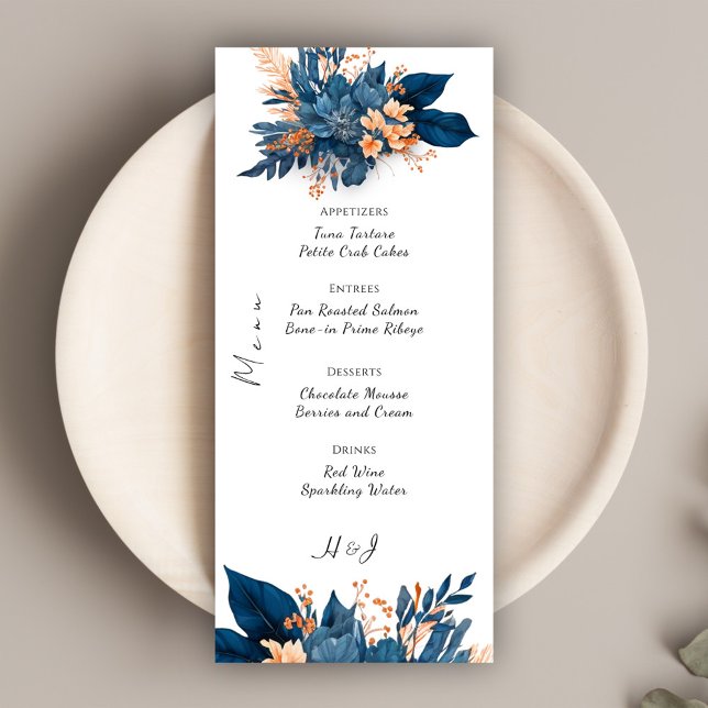 Elegant Indigo Rust Blommigt Boho Bröllop Meny (Elegant Indigo Rust Floral Boho Wedding Menu)