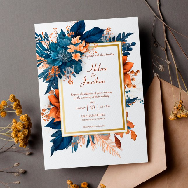 Elegant Indigo Rust Watercolor Boho Bröllop Inbjudningar (Elegant Indigo Rust Watercolor Boho Wedding Invitation)
