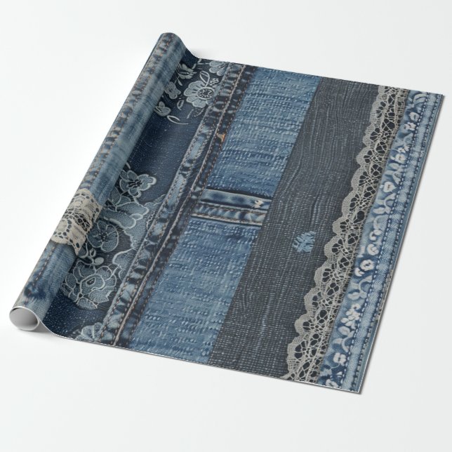 Elegant Indigo Snöre Rand Denim Mönster (2) Presentpapper (Utrullad)