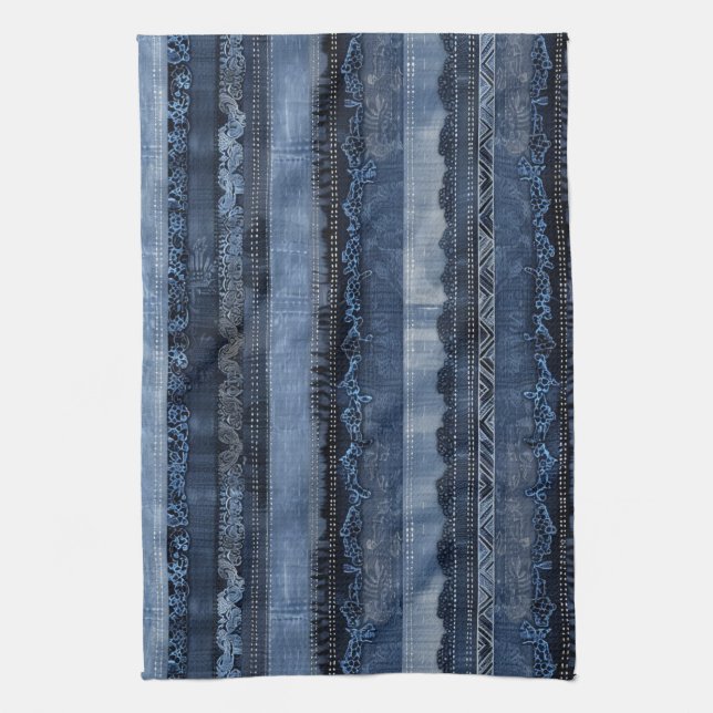 Elegant Indigo Snöre Rand Denim Mönster Kökshandduk (Vertikal)