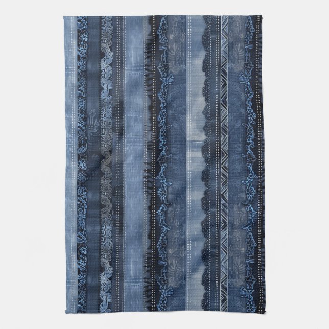 Elegant Indigo Spetsrandig Denim Mönster Kökshandduk (Vertikal)