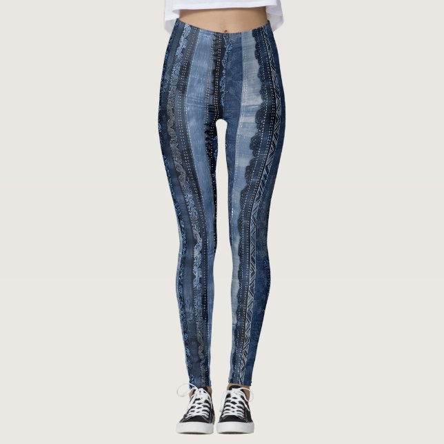 Elegant Indigo Spetsrandig Denim Mönster Leggings (Framsida)
