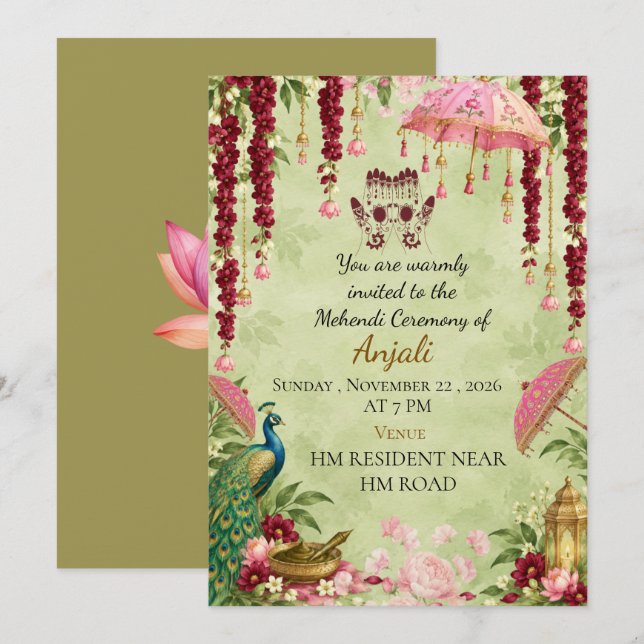 Elegant indisk bröllops Mehendi-ceremoni inbjudan (Fram/baksida)