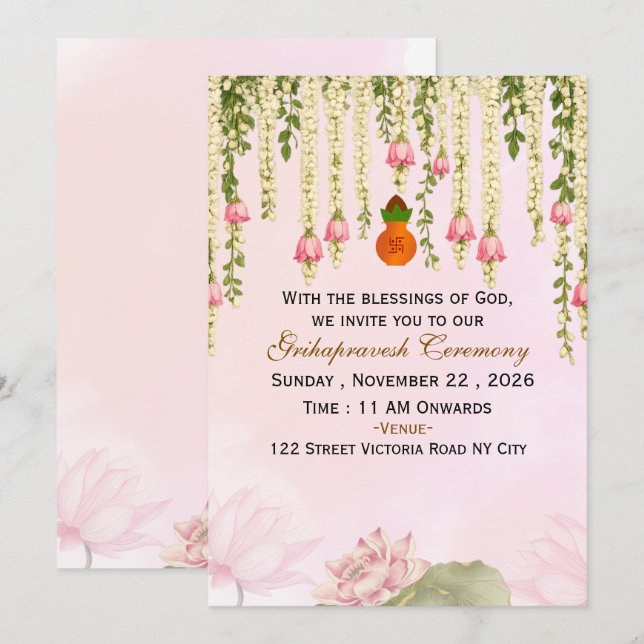 Elegant indisk Griha Pravesh-inbjudan mall  (Fram/baksida)