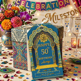 Elegant indisk teal och guld valvbåge födelsedag presentetikett