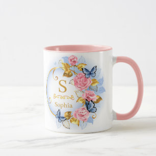 Elegant Initial Blommig Fjäril Monogram och Namn Mugg