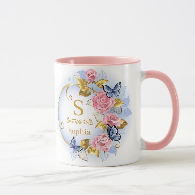 Elegant Initial Blommig Fjäril Monogram och Namn Mugg (Höger)