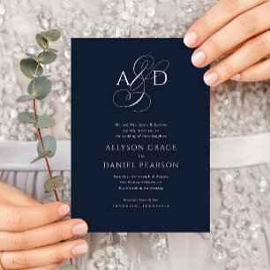 Elegant Initial Manuskript Monogram Navyblå Bröllo Inbjudningar