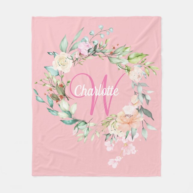 Elegant Initial Skript Monogram Sommar Rosor Rosa Fleecefilt (Framsidan)