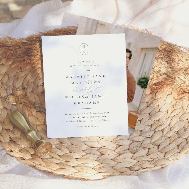 Elegant Initialer Black White Budget Foto Bröllop (Card Front & Back Mock-up)