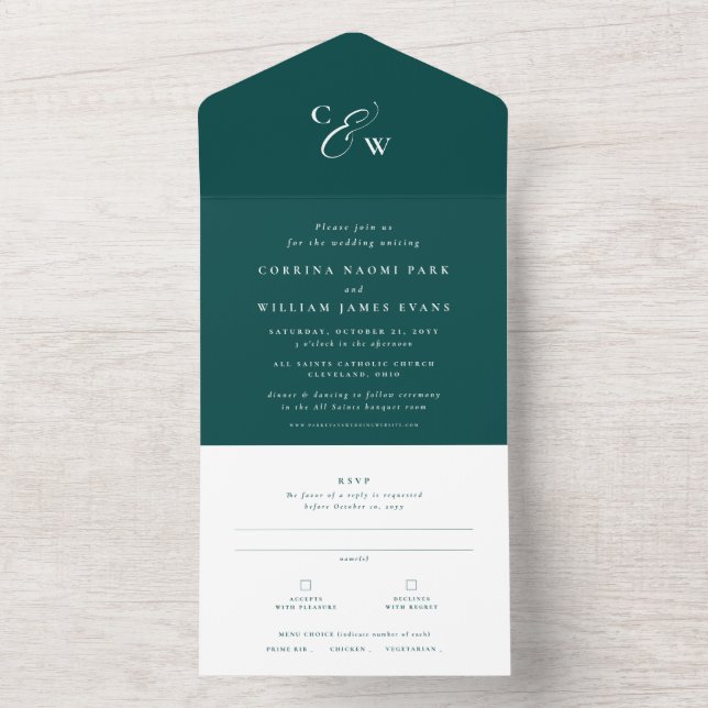 Elegant initialer mörk teal bröllop (Insida)