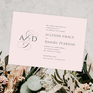 Elegant Initialt skript Monogram Rosa Bröllop Inbjudningar