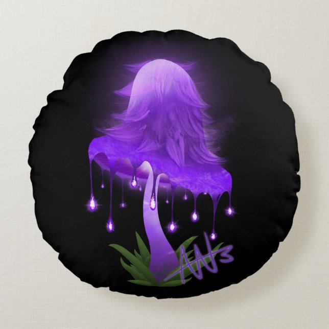 Elegant Inky Cap Glowing Lila Mushroom Rund Kudde (Framsidan)