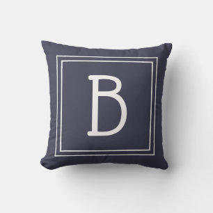 Elegant inramad monogram initial midnattsblå & vit kudde