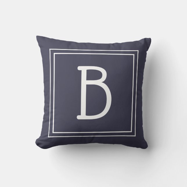 Elegant inramad monogram initial midnattsblå & vit kudde (Framsida)