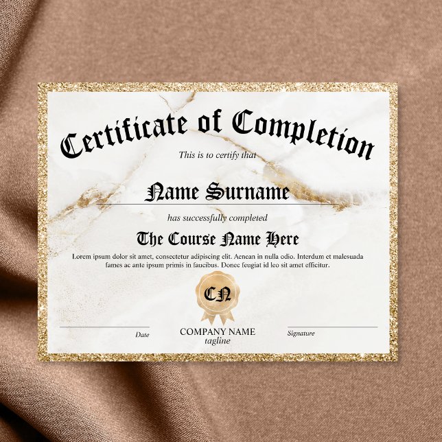 Elegant Intyg om slutförande av skolexamen (white and gold marble with gold glitter border certificate of completion)