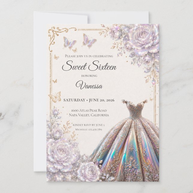 Elegant Iridescent Blommig Sweet 16 Inbjudningar (Framsida)