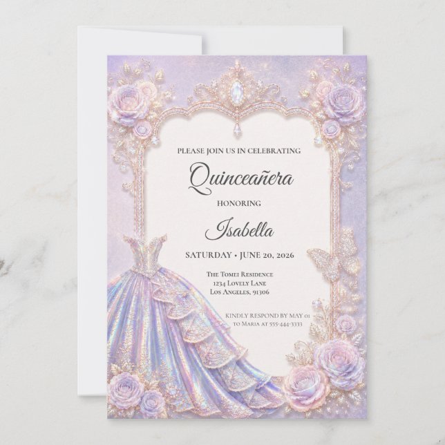 Elegant Iridescent Princess Quinceañera Inbjudningar (Framsida)