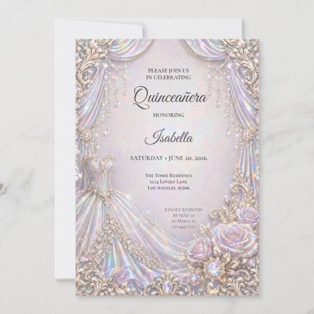 Elegant Iridescent Princess Quinceañera Inbjudningar (Framsida)