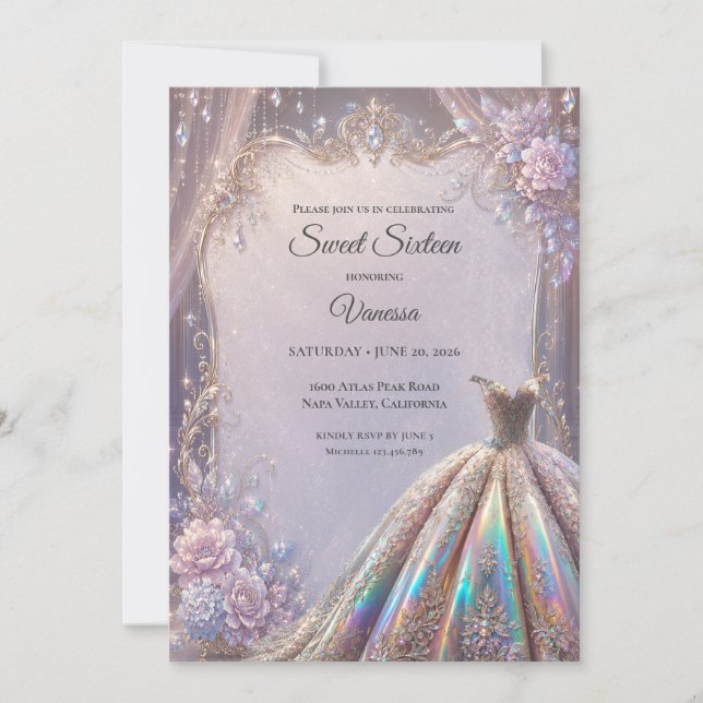Elegant Iridescent Prinsessa Sweet 16 Inbjudningar (Framsida)