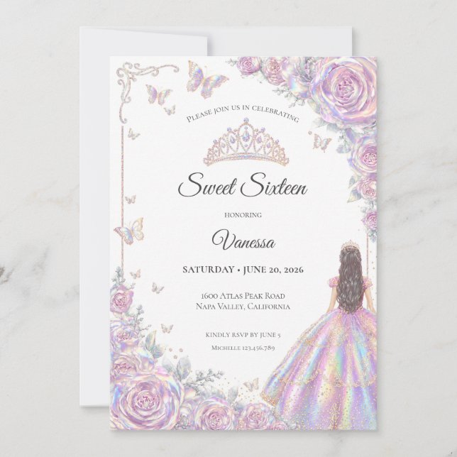 Elegant Iridescent Prinsessa Sweet 16 Inbjudningar (Framsida)