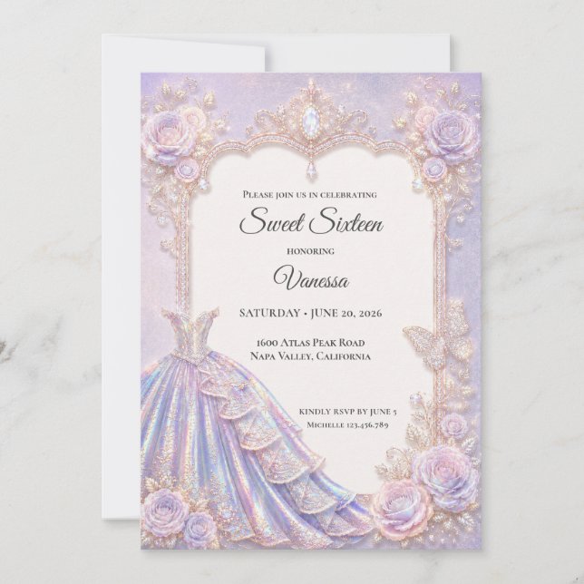 Elegant Iridescent Prinsessa Sweet 16 Inbjudningar (Framsida)