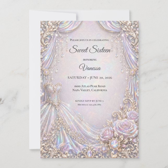 Elegant Iridescent Prinsessa Sweet 16 Inbjudningar (Framsida)