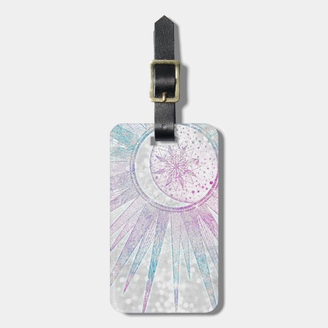Elegant Iridescent Sol Måne Mandala Silver design Bagagebricka (Vertikal Framsida)