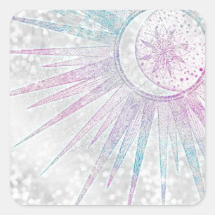 Elegant Iridescent Sol Måne Mandala Silver design Fyrkantigt Klistermärke