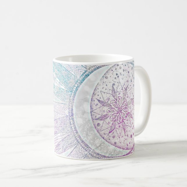 Elegant Iridescent Sol Måne Mandala Silver design Kaffemugg (Framsida höger)