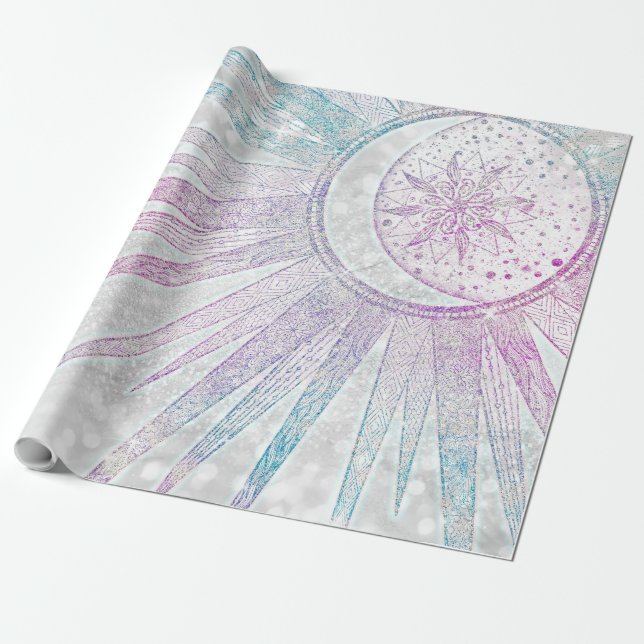 Elegant Iridescent Sol Måne Mandala Silver design Presentpapper (Utrullad)