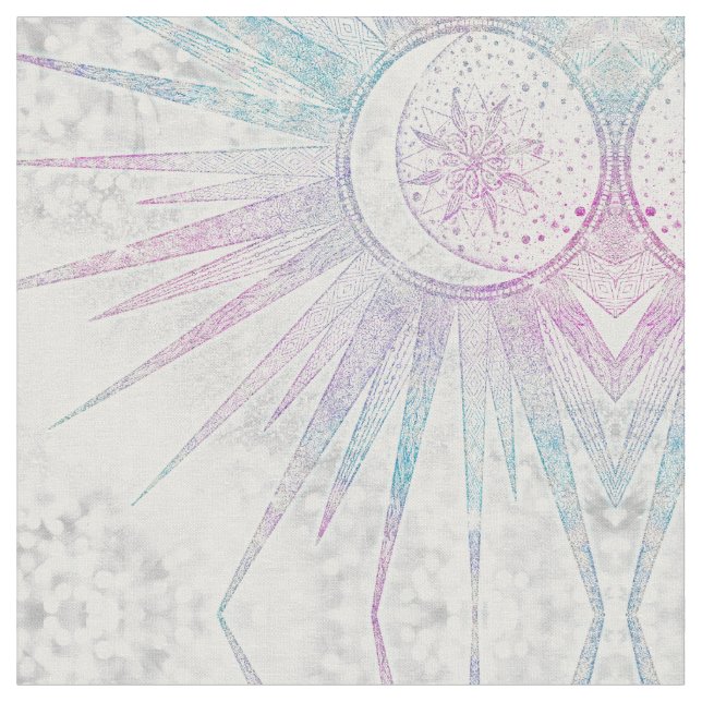 Elegant Iridescent Sol Måne Mandala Silver design Tyg (Närbild)