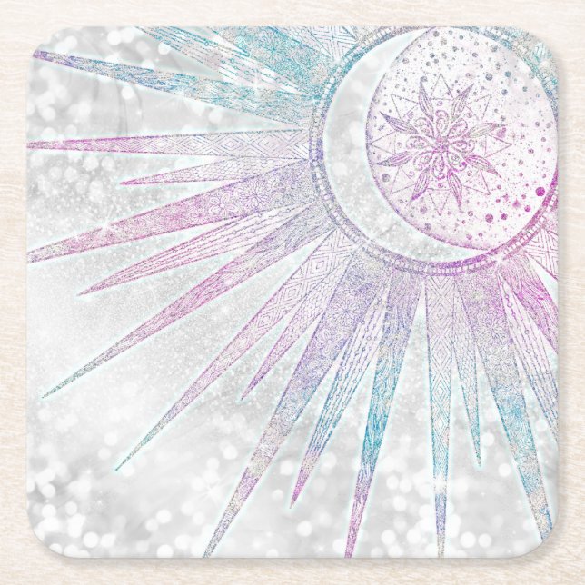 Elegant Iridescent Sol Måne Mandala Silver design Underlägg Papper Kvadrat (Framsidan)
