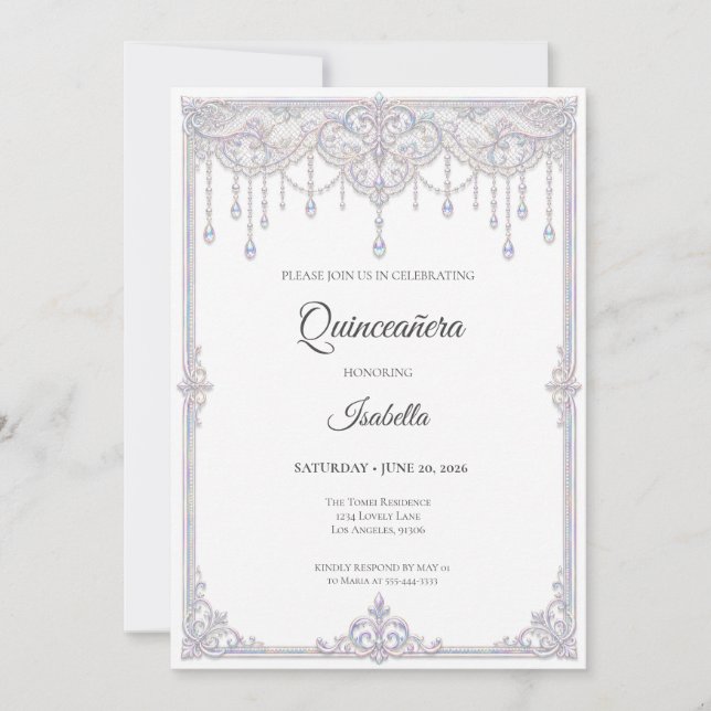 Elegant Iridescent Spets Quinceañera Inbjudningar (Framsida)