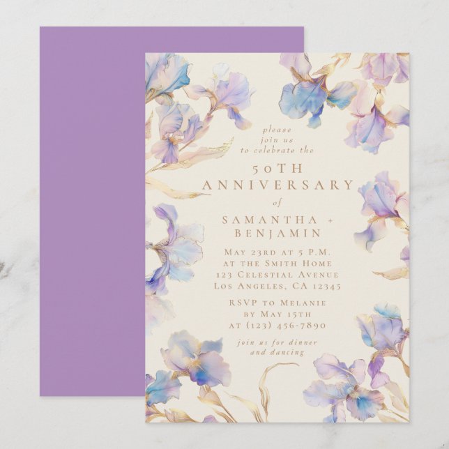 Elegant Iris Blommig Akvarell Jubileumskalas Inbjudningar (Fram/baksida)