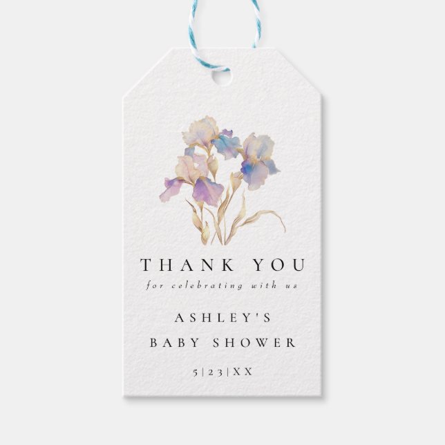 Elegant Iris Blommig Bebis Shower Presentetikett (Framsidan)