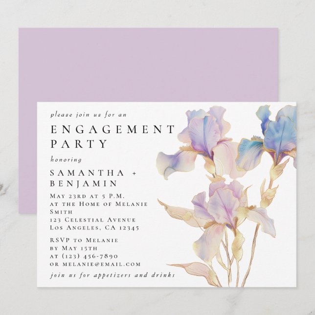 Elegant Iris Blommig Förlovningsfest Inbjudningar (Fram/baksida)