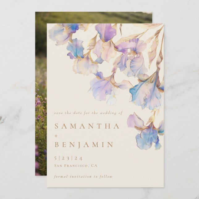 Elegant Iris Blommigt Bröllop Photo Spara Datumet (Fram/baksida)