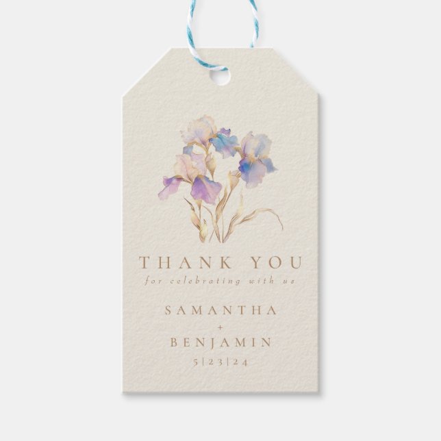 Elegant Iris Blommigt Bröllop Presentetikett (Framsidan)