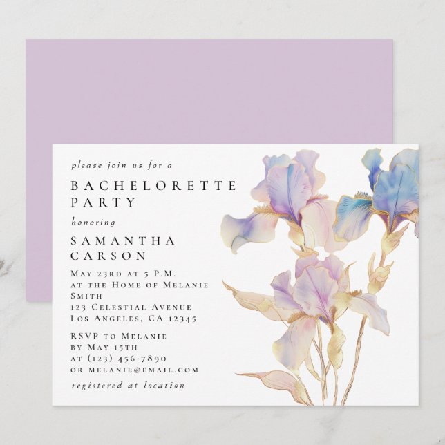Elegant Iris Blommigt Watercolor Bachelorette Part Inbjudningar (Fram/baksida)