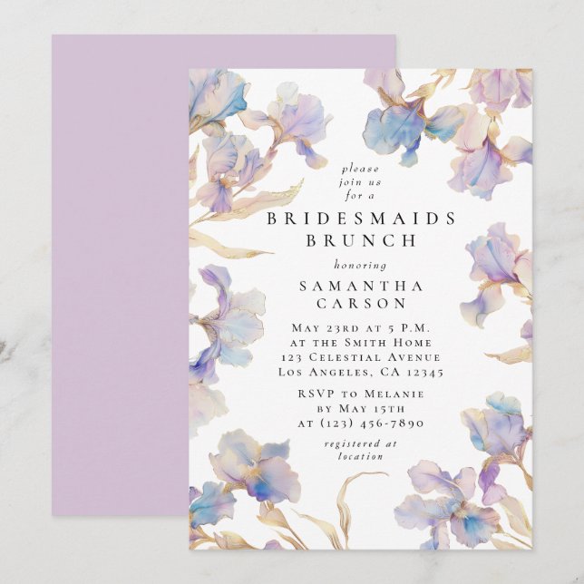 Elegant Iris Blommigt Watercolor Bridesmaids Brunc Inbjudningar (Fram/baksida)
